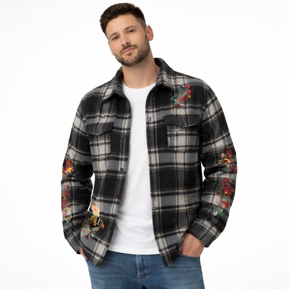 Reason Plaid Flannel Shirt Jacket Mens Size L Embroidered Floral Button Up Retro